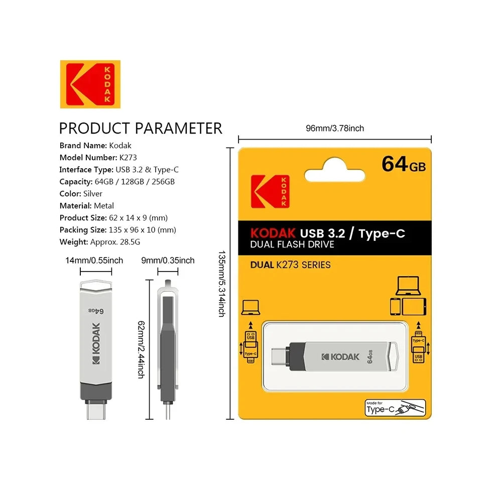 KODAK USB3.2 Type C Flash Drive 256GB 128GB 32GB Pendrive High Speed