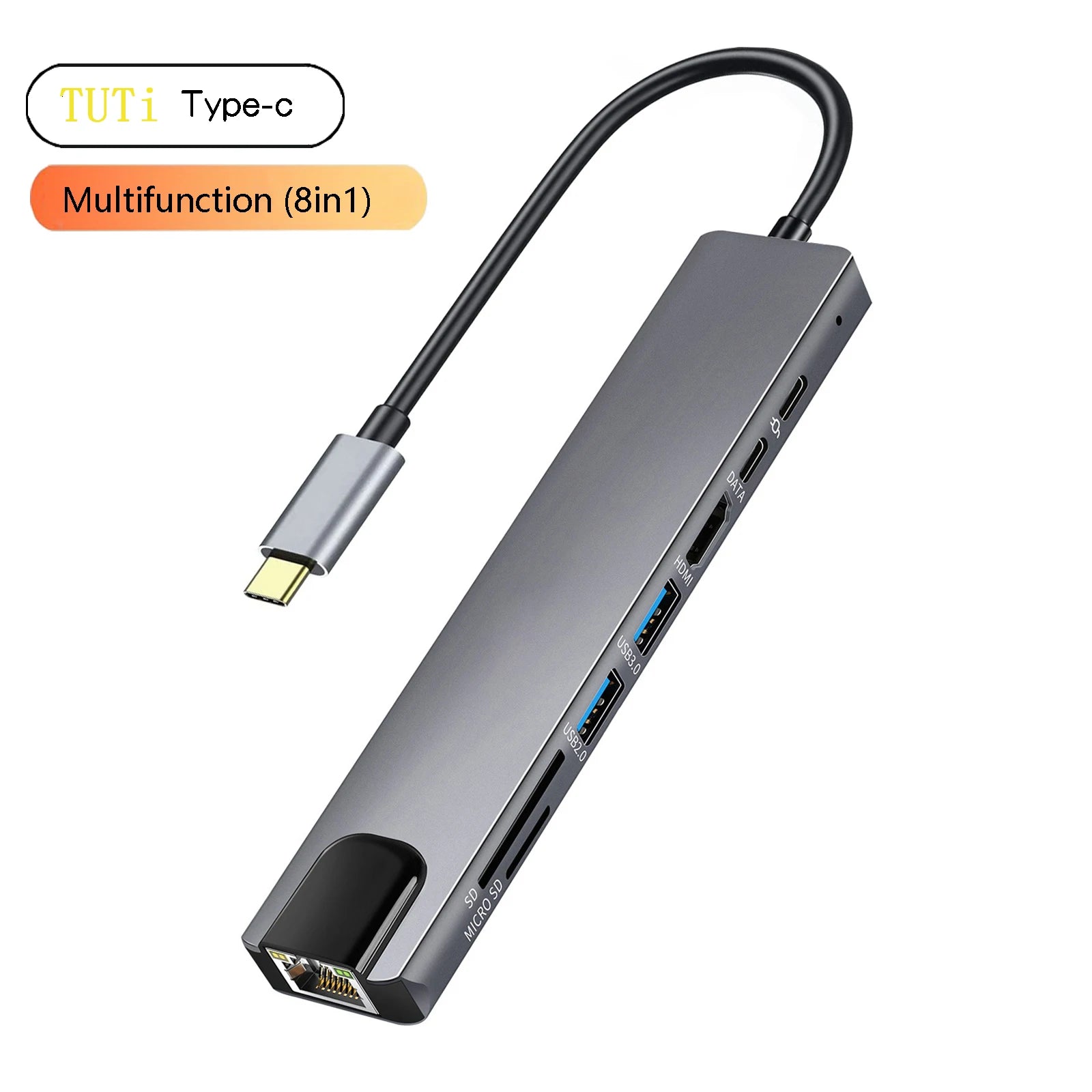 USB C 8in1 HUB,100MbpsRJ45,4K HDMI,USB3.0,USB2.0,100W PD,USB-C data